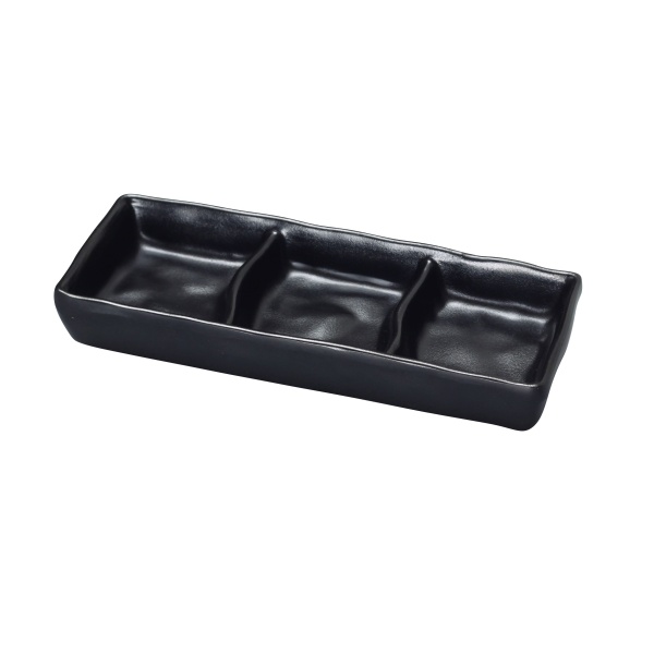 BP-4033 Black Pearl 7" X 2 1/2" Triple Sauce Dish 2 oz Each