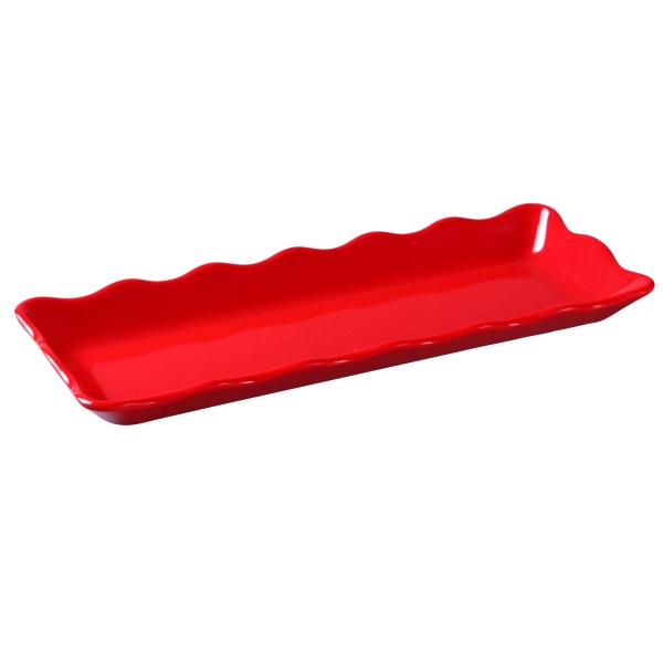 DC-6013R Deli 13 1/2" X 5 1/4" X 1" Scallop Edged Display Tray Red