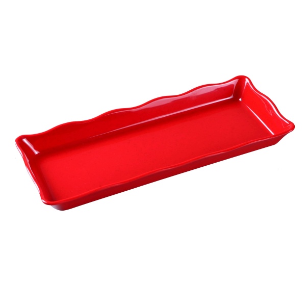 DC-6014R Deli 14" X 5 1/2" X 1" Scallop Edged Display Tray Red