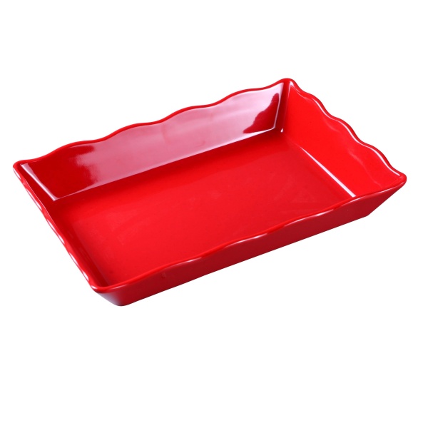 DC-6114R Deli 14" X 9 1/2" X 2" Scallop Edged Display Tray Red