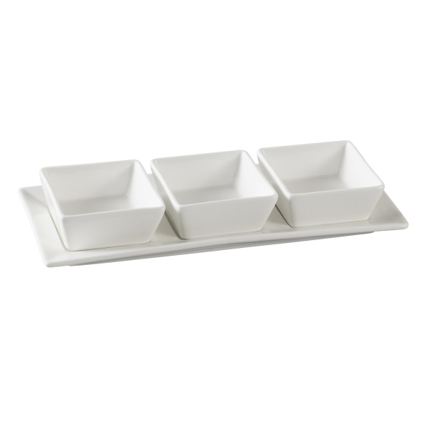 PS-724 Piscataway Three 3" Square Bowl With 11" X 4 1/4" Tray 3 oz Each