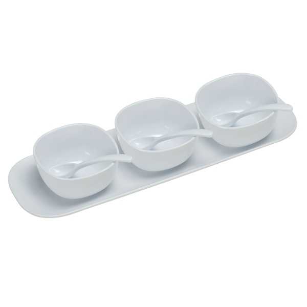 RM-9002 Rome Condiment Bowl Set - 3 Pcs 4" Bowl, 3 Pcs Spoon, 1Pc 16" Saucer